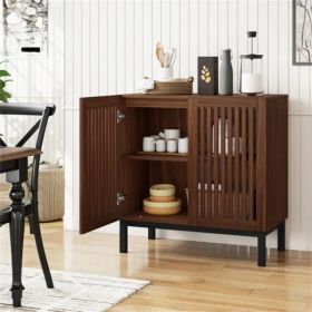 32" Buffet Sideboard Cabinet With 2 Doors, Farmhouse Storage Cabinet (Walnut + Black) With Adjustable Shelf (Option: defaulttitle) 32" Buffet Sideboard Cabinet With 2 Doors, Farmhouse Storage Cabinet (Walnut + Black) With Adjustable Shelf (Option: defaulttitle)
